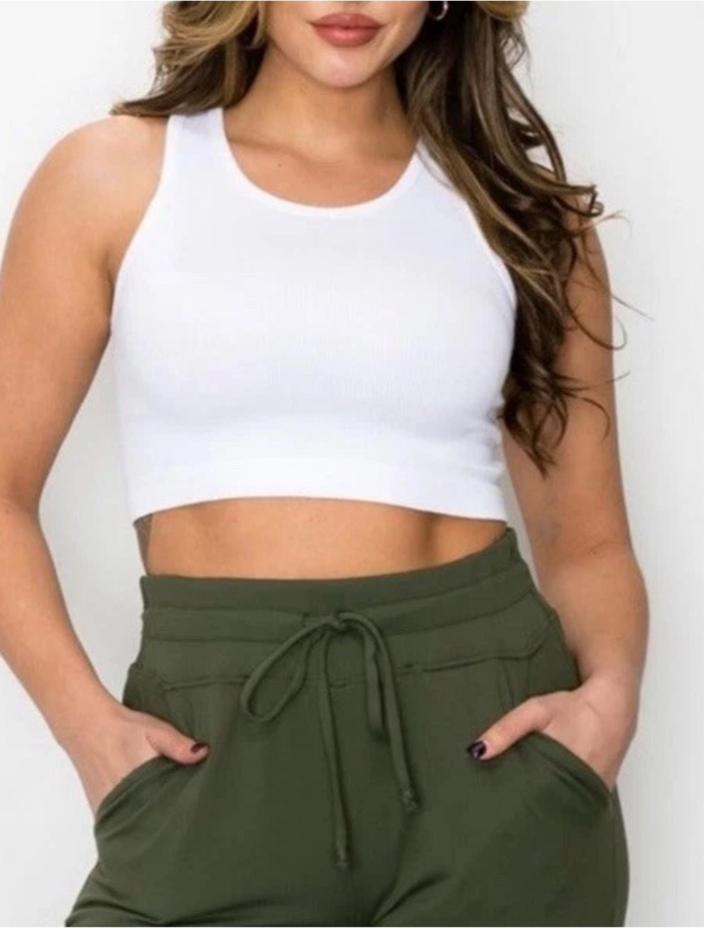 Women's Round White Neck Rib Knit Crop Top Scoop Rayon Cropped Tank *US SIZE S/M